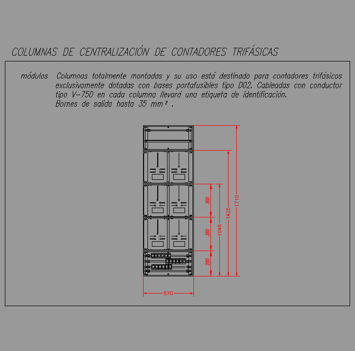 Bloque Autocad Columna de centralización (2 contadores/módulo), 3 módulos III + N.